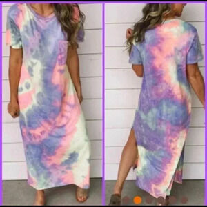 🆕Maxi Pastel’s Multicolor Tie Dye Trendy Knit Dress S🆕